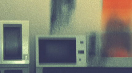 Abstract blurry retro kitchen scene with microwave and vintage vibes