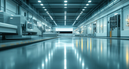 Fototapeta premium Bright and spacious factory hall showcases a polished floor, modern machinery, and a streamlined layout for productive industrial activities