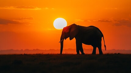 Naklejka premium Elephant Silhouette Walking at Sunset in African Savanna Wildlife Scene