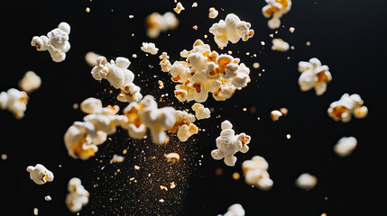 Popcorn kernals in mid-air