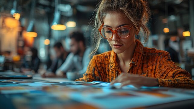 Woman reviewing designs, cafe, coworkers, busy background, marketing