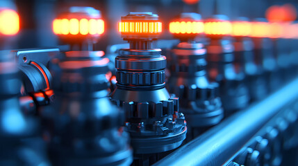 A close-up of metallic machinery featuring glowing orange lights, showcasing intricate details and industrial design.