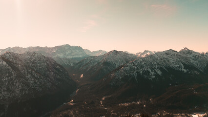 Snowy mountains in Bavaria during sunset
