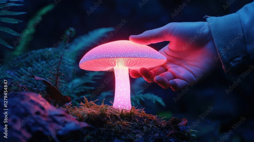 Poster a glowing mushroom is gently touched by a hand in a mystical forest setting, creating an enchanting 