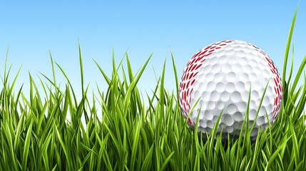 Obraz premium Golf ball in green grass against blue sky. Possible use Stock photo for sports, nature, or advertising