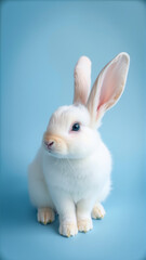 Obraz premium Cute white rabbit on isolated blue background