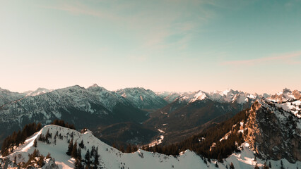Snowy mountains in Bavaria during sunset
