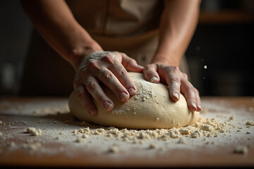 Fototapeta premium Dramatic close-up of strong, flour-dusted hands kneading dough with precision, set against a moody kitchen backdrop. The warm, directional lighting casts subtle shadows, emphasizing the texture