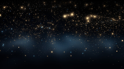 Fototapeta premium Particules et étoiles scintillantes et brillantes volant sur fond sombre, noir. Lumière, étoile, paillette dorée et flou. Cosmos, univers, espace. Fond pour bannière, conception et création graphique.