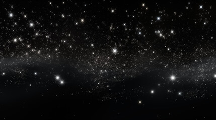 Particules et &eacute;toiles scintillantes et brillantes volant sur fond sombre, noir. Lumi&egrave;re, &eacute;toile, paillette dor&eacute;e et flou. Cosmos, univers, espace. Fond pour banni&egrave;re, conception et cr&eacute;ation graphique.