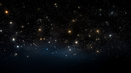 Obraz premium Particules et étoiles scintillantes et brillantes volant sur fond sombre, noir. Lumière, étoile, paillette dorée et flou. Cosmos, univers, espace. Fond pour bannière, conception et création graphique.