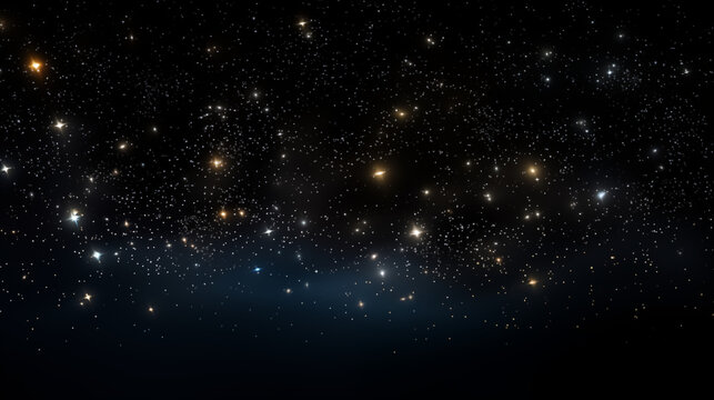 Particules et &eacute;toiles scintillantes et brillantes volant sur fond sombre, noir. Lumi&egrave;re, &eacute;toile, paillette dor&eacute;e et flou. Cosmos, univers, espace. Fond pour banni&egrave;re, conception et cr&eacute;ation graphique.
