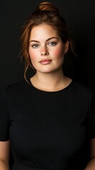Portrait of a young Caucasian woman with her hair in a bun, wearing a simple black top against a dark background.