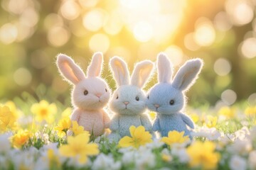 Three colorful stuffed animals sit peacefully among vibrant flowers in a sunlit field, creating a whimsical and charming scene of innocence and playfulness.