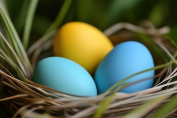 A nest containing three eggs, two white and one yellow, surrounded by grass, showcasing nature's beauty and the cycle of life.
