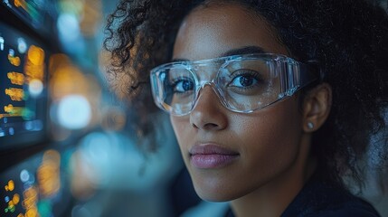 Woman, tech, data, screen, focus, night, office, work