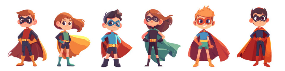 kids superheroes cartoon set. boy girl superhero, child hero outfit costume clothes mask cloak jumpsuit gloves boots idol character comics vector illustration