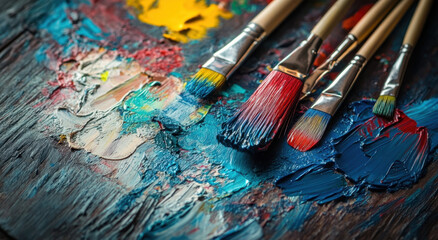 Obraz premium The paint palette is filled with an array of bright oil colors, while artist brushes lie nearby on a rustic wooden surface