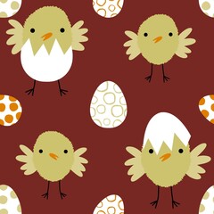 Easter chicken and eggs seamless birds pattern for wrapping paper and fabrics