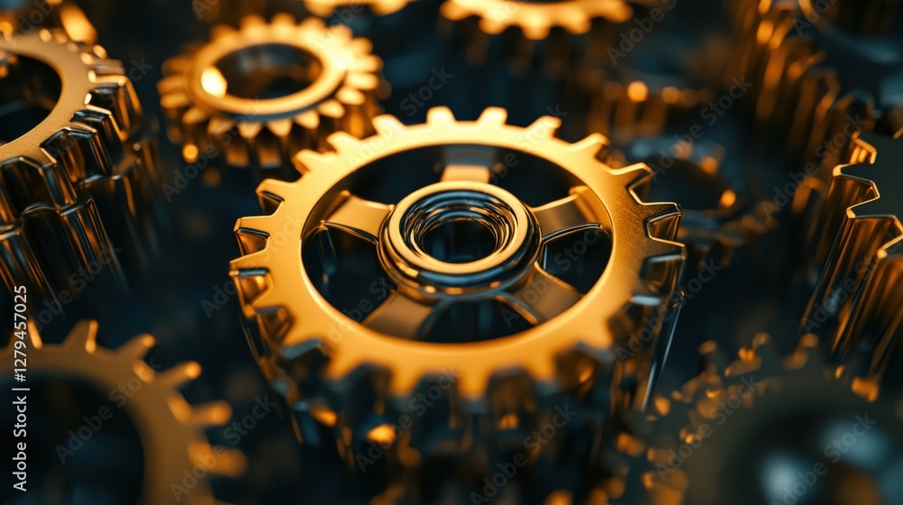 Poster close-up of interlocking golden gears demonstrating intricate mechanics and engineering design