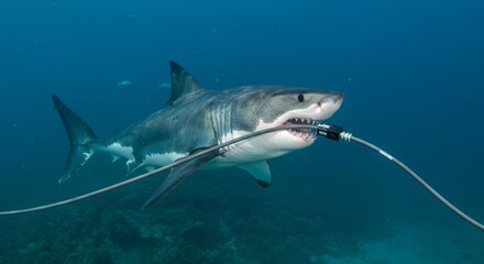Obraz premium Great White Shark Attack Cable - A great white shark, symbol of power and ocean life, interacts with an underwater cable
