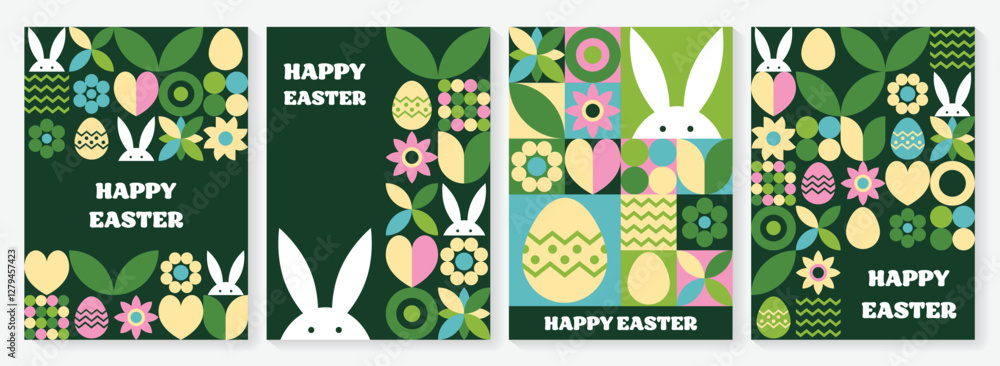 Wall mural set of geometric easter greeting card. abstract background with bunny, egg and flower. vector illust