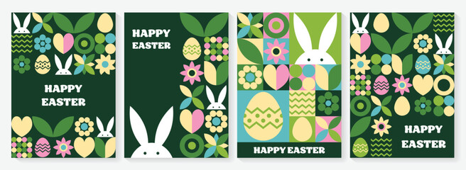 Set of geometric Easter greeting card. Abstract background with bunny, egg and flower. Vector illustration