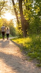 Obraz premium Couple walking path sunset park, nature, relaxing, photo