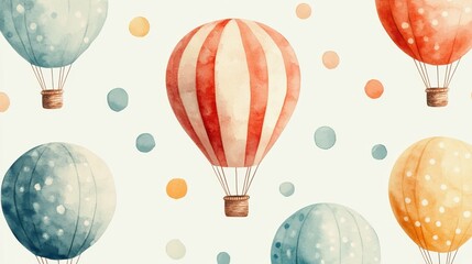 Watercolor hot air balloons with polka dots in soft pastel colors against cream background