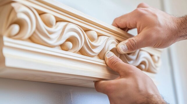 Close up of a carpenter installing a custom made wooden molding, every carved detail adding character to the interior
