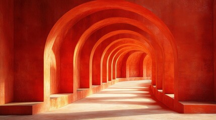 Naklejka premium Serene Red Archway Interior With Smooth Curved Lines and Soft Light