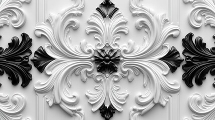 Elegant black and white baroque ornament with symmetrical floral patterns
