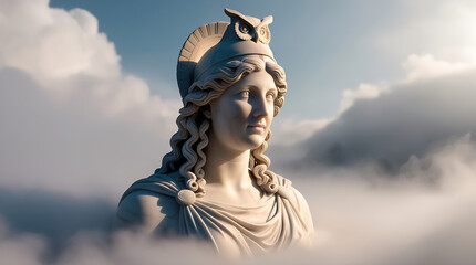  Marble bust of Athena Palada among the clouds. Colorful sunrise on the Olympus