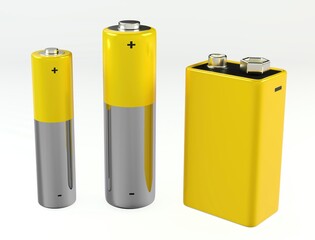 Diverse battery set: 9v, aa, and aaa power sources for energy concept ,3d illustration