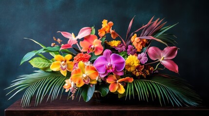 A rich and colorful tropical flower bouquet, bursting with vibrant orchids, plumeria, and bold palm fronds