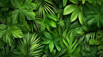 Lush Green Tropical Foliage Background with Water Droplets
