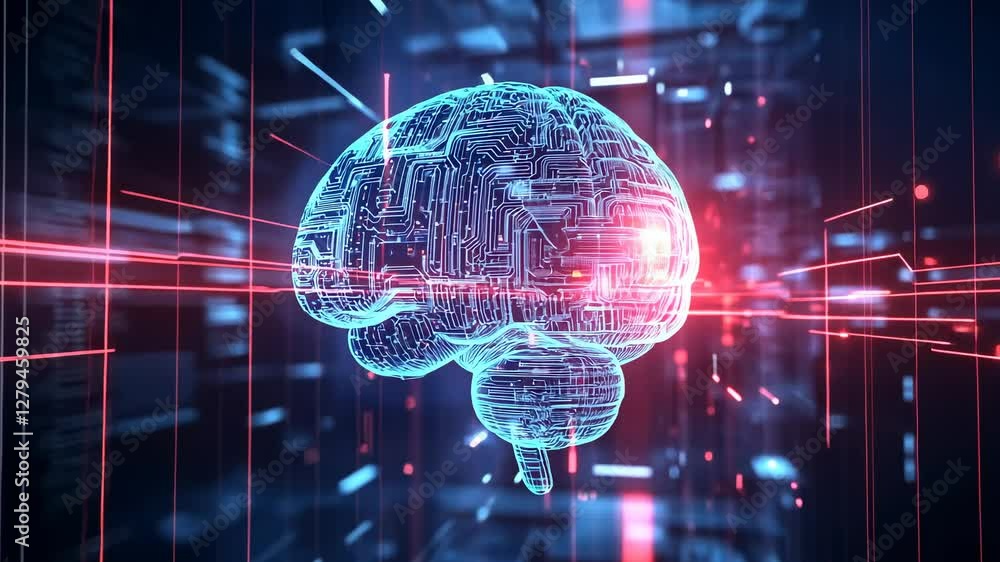 Poster abstract digital brain animation, exploring the frontiers of artificial intelligence