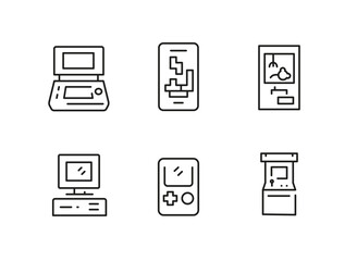 Game icons. Set of 6 game trendy minimal icons. Handheld Console, VR Headset, Arcade Machine, Desktop Computer icon. Design signs for web page, mobile app, packaging design. Vector illustration.
