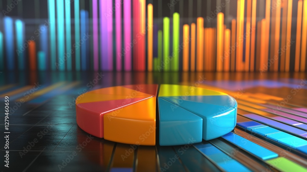 Poster colorful pie chart on a dark background with vibrant bar graphs illustrating data analysis