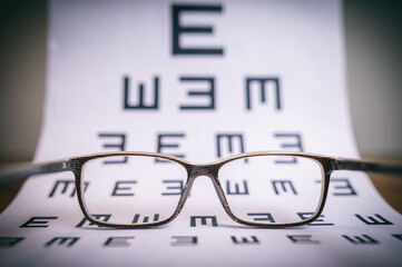 Brille liegt vor einer Sehtafel gehalten, der Fokus liegt auf den Gläsern. Symbolisiert Sehschärfe, Augenuntersuchung, Fehlsichtigkeit und Optik.
