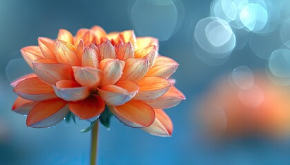 Close-up of a vibrant orange dahlia, dew drops clinging to petals. Perfect for designs needing a touch of delicate beauty and serenity.