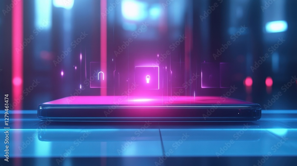 Poster futuristic glowing padlock and user icons hovering over smartphone in neon lit server room, symboliz