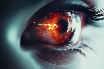 Close-up of a futuristic cybernetic eye with a glowing red digital interface displaying high-tech holographic elements and artificial intelligence circuits