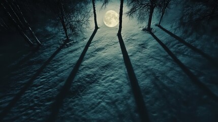 Full moon casting long shadows through trees on a snowy winter night