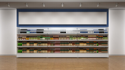 Shop interior mockup with liquor bottle display rack and blue wall with lightbox. 3d illustration