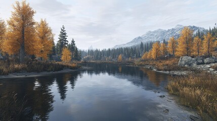 Fototapeta premium Tranquil autumn lake with snowy mountains and orange trees under cloudy sky