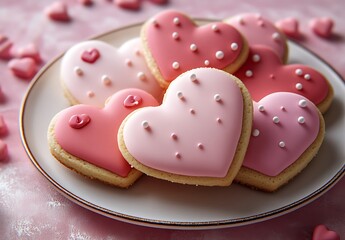Heart-Shaped Pink Cookies with Icing and Sprinkles

