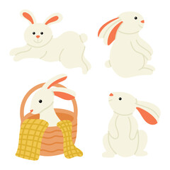 Cute set of different animals rabbits or bunnies on white background. Cute flat illustration for easter celebration, farm animals for education and other projects