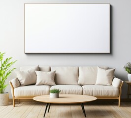 Minimalist Living Room Interior with Beige Sofa and Blank Canvas