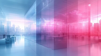 Modern Office Interior with Colorful Glass Panels and Urban View